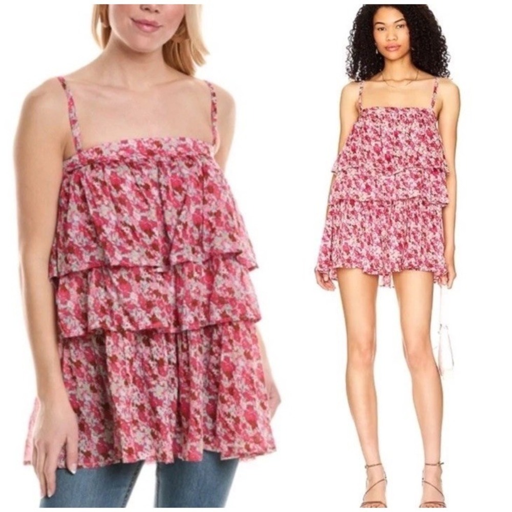 Free People Talia Tunic Top Tiered Ruffle Dress Floral Print Pink Combo Medium